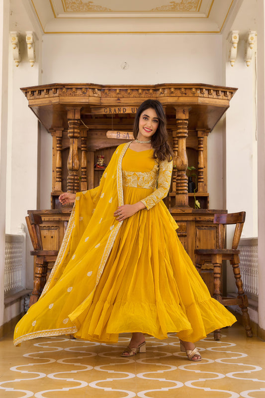 Elegant Yellow Color Embroidery Sequence Work Saharara Suit