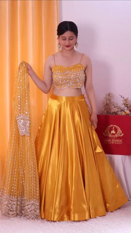 Delightful Orange Color Japan Satin Lehenga Choli With Koti