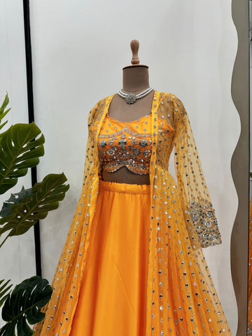 Delightful Orange Color Japan Satin Lehenga Choli With Koti