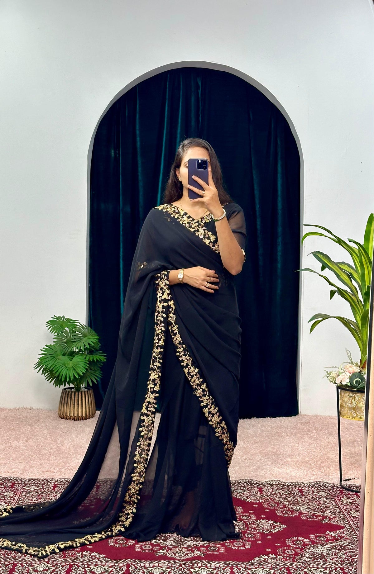 Alluring Black Color Georgette Gown With Attached Pallu Saree