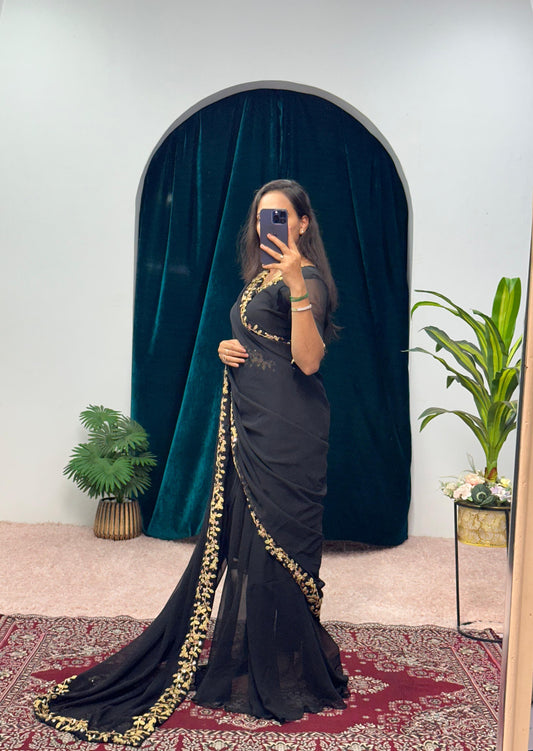 Alluring Black Color Georgette Gown With Attached Pallu Saree