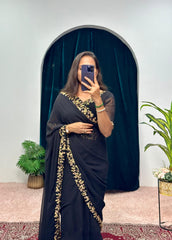 Alluring Black Color Georgette Gown With Attached Pallu Saree