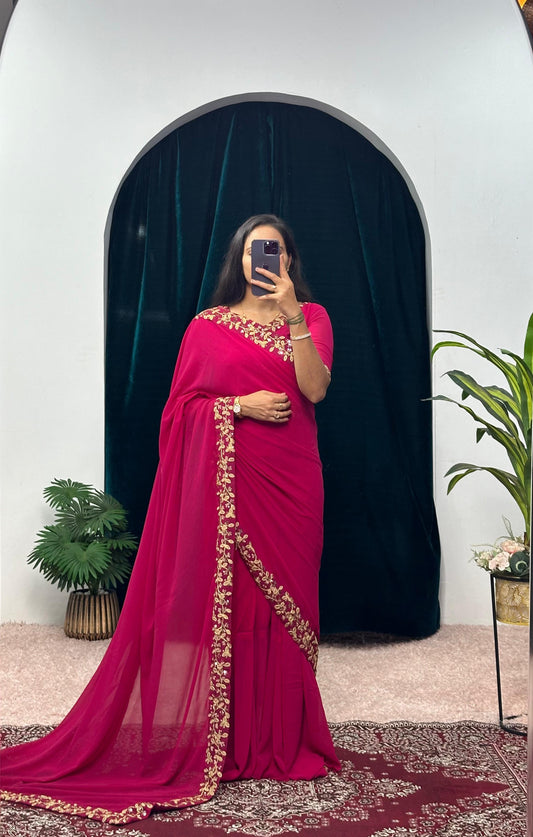 Alluring Maroon Color Georgette Gown With Attached Pallu Saree