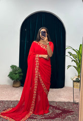 Alluring Red Color Georgette Gown With Attached Pallu Saree