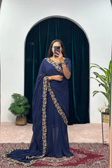 Alluring Blue Color Georgette Gown With Attached Pallu Saree