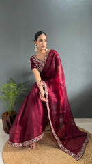 Blissful Red Color Burberry Silk Handwork Border Saree