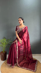 Blissful Red Color Burberry Silk Handwork Border Saree