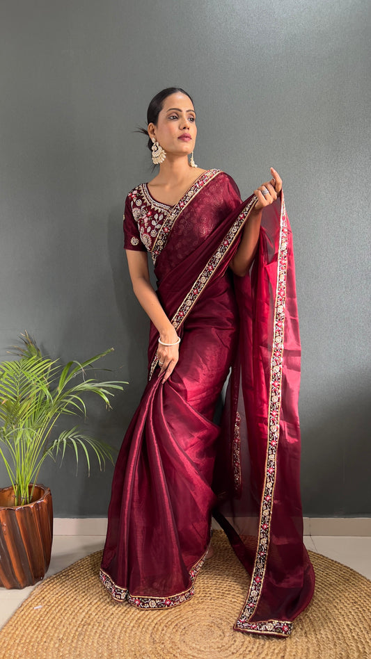 Blissful Red Color Burberry Silk Handwork Border Saree