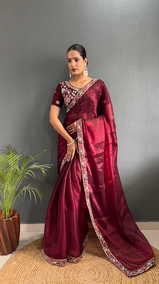 Blissful Red Color Burberry Silk Handwork Border Saree