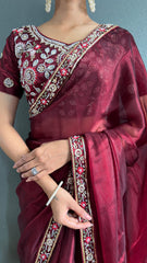 Blissful Red Color Burberry Silk Handwork Border Saree