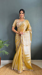 Blissful Mustard Color Burberry Silk Handwork Border Saree