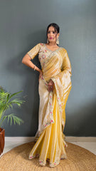 Blissful Mustard Color Burberry Silk Handwork Border Saree