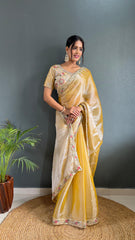 Blissful Mustard Color Burberry Silk Handwork Border Saree