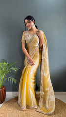 Blissful Mustard Color Burberry Silk Handwork Border Saree