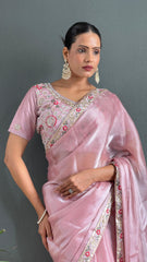 Blissful Baby Pink Color Burberry Silk Handwork Border Saree