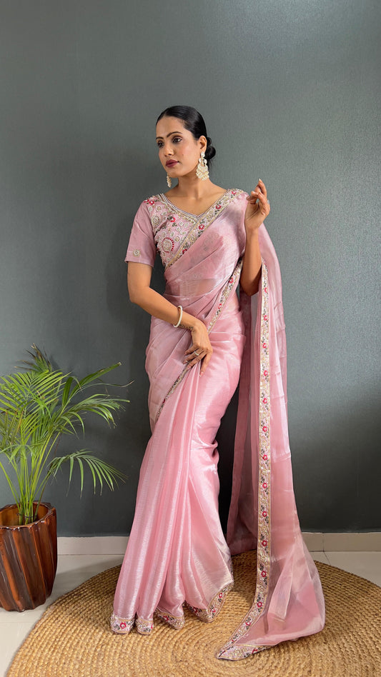 Blissful Baby Pink Color Burberry Silk Handwork Border Saree