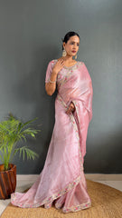 Blissful Baby Pink Color Burberry Silk Handwork Border Saree