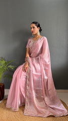 Blissful Baby Pink Color Burberry Silk Handwork Border Saree