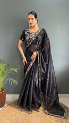 Blissful Black Color Burberry Silk Handwork Border Saree