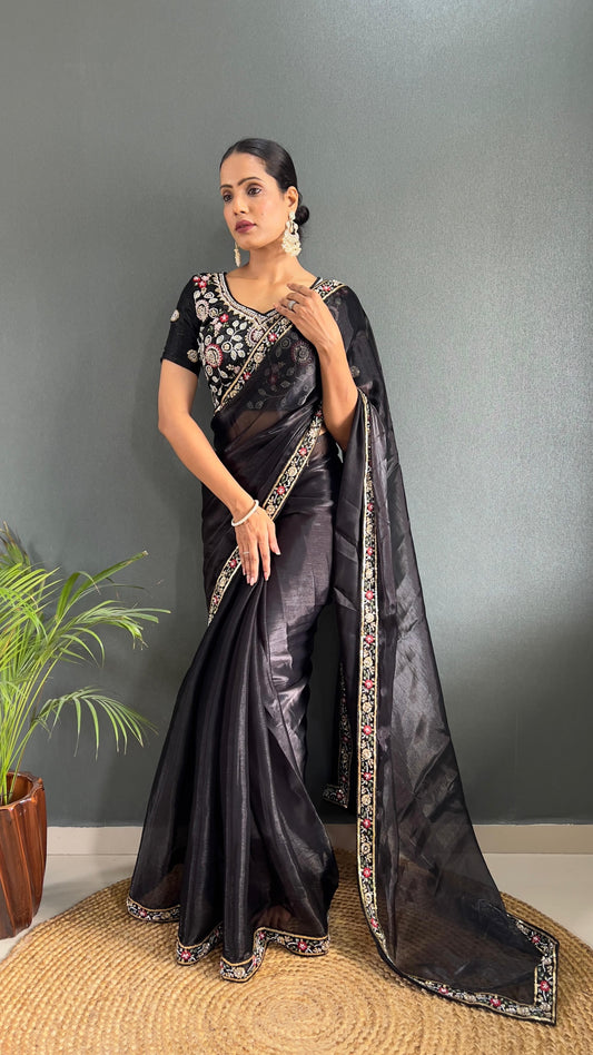 Blissful Black Color Burberry Silk Handwork Border Saree