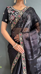 Blissful Black Color Burberry Silk Handwork Border Saree