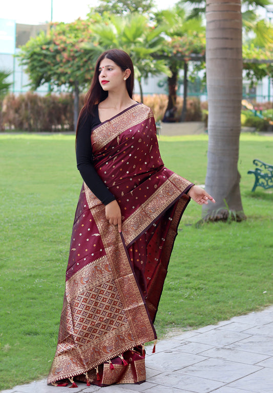 Beautiful Golden Zari Weave Maroon Silk Saree