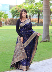 Beautiful Golden Zari Weave Navy Blue Silk Saree