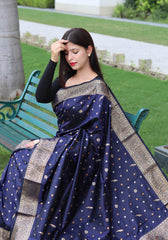 Beautiful Golden Zari Weave Navy Blue Silk Saree