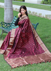 Beautiful Golden Zari Weave Maroon Silk Saree