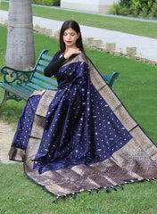 Beautiful Golden Zari Weave Navy Blue Silk Saree