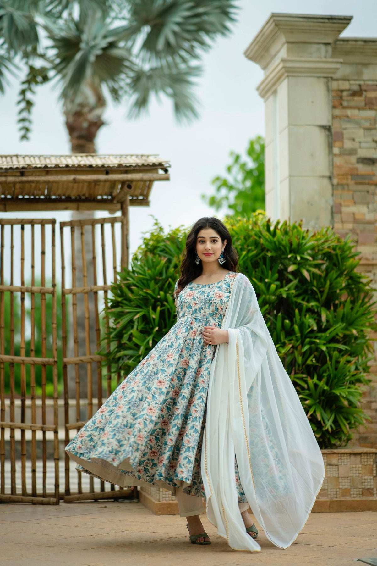 Delightful Multi Design With Sky Color Print Anarkali Suit