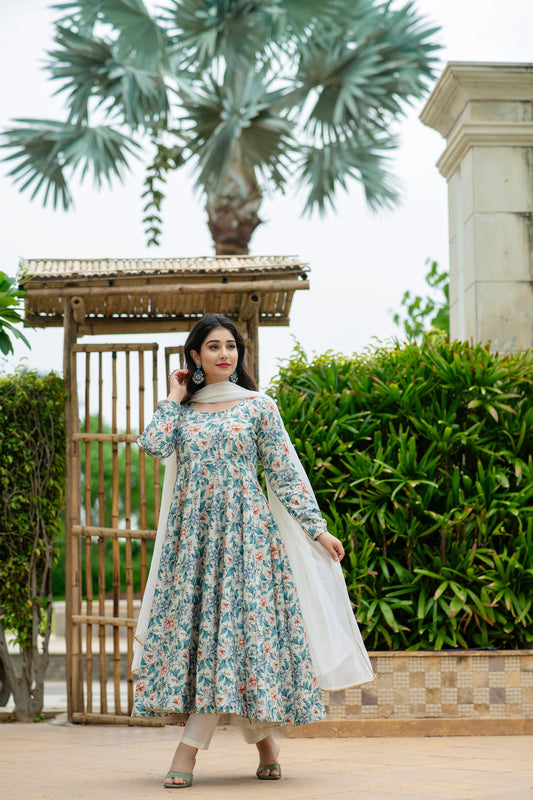 Delightful Multi Design With Sky Color Print Anarkali Suit