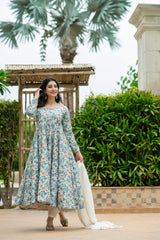 Delightful Multi Design With Sky Color Print Anarkali Suit