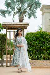 Delightful Multi Design With Sky Color Print Anarkali Suit