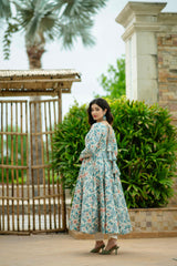 Delightful Multi Design With Sky Color Print Anarkali Suit