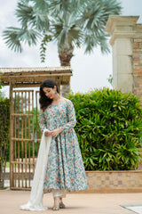 Delightful Multi Design With Sky Color Print Anarkali Suit