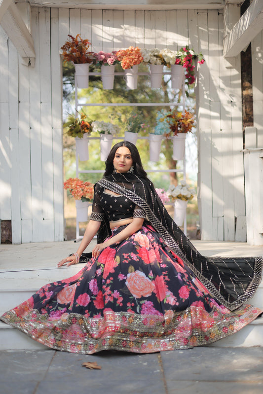 Presenting Flower Print With Work Black Color Lehenga Choli