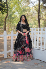 Presenting Flower Print With Work Black Color Lehenga Choli