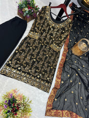 Ceremony Wear Sequence Work Black Color Kurti Set With Dupatta