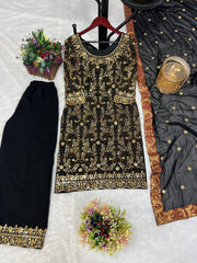 Ceremony Wear Sequence Work Black Color Kurti Set With Dupatta