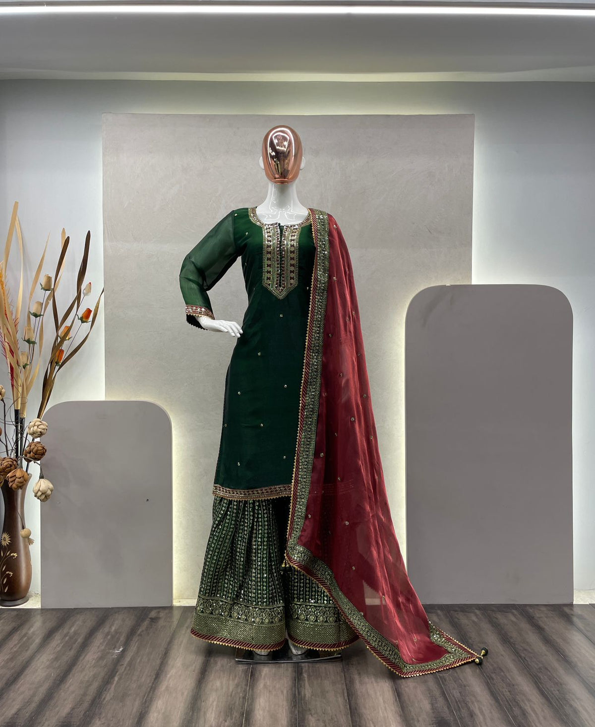 Pakistani Style Green Color jimmy Choo Sharara Suit