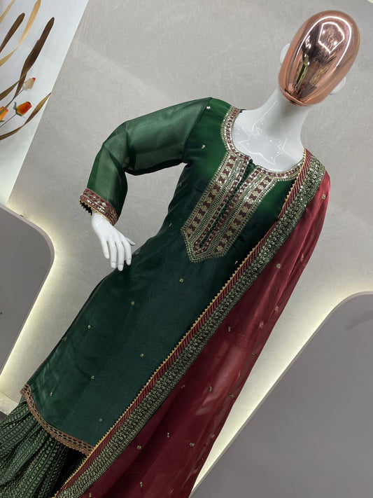 Pakistani Style Green Color jimmy Choo Sharara Suit