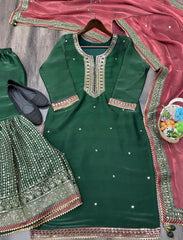 Pakistani Style Green Color jimmy Choo Sharara Suit