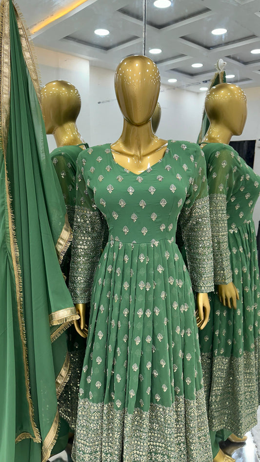 Shining Sequence Work Green Color Gown With Dupatta