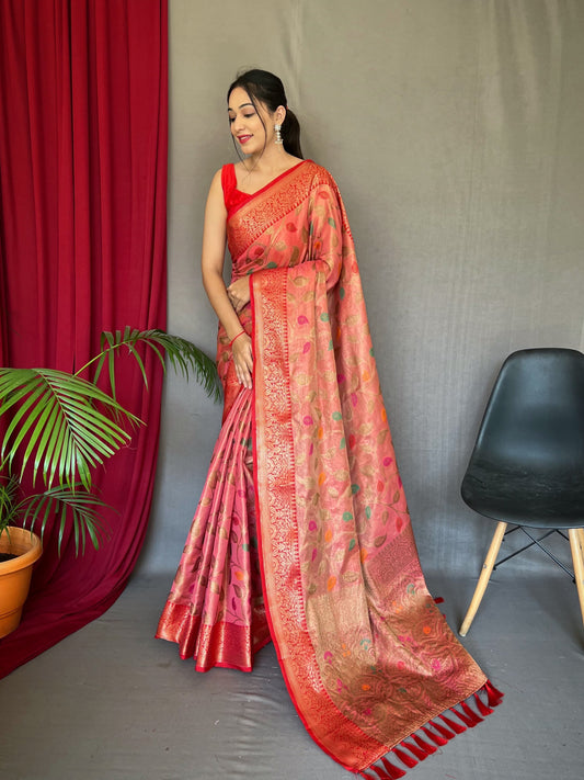 Festive Wear Tissue Silk Zari Weaving Pink Color Saree