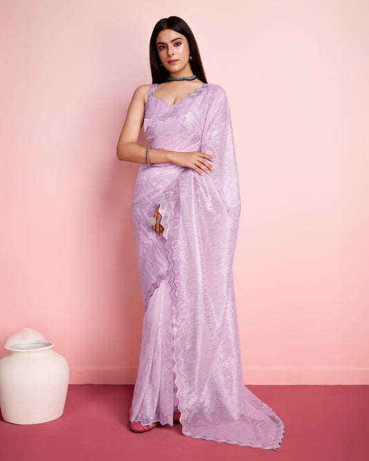 Glorious Lavender Color Net Saree With Cut Work Border