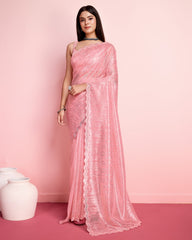 Glorious Peach Color Net Saree With Cut Work Border