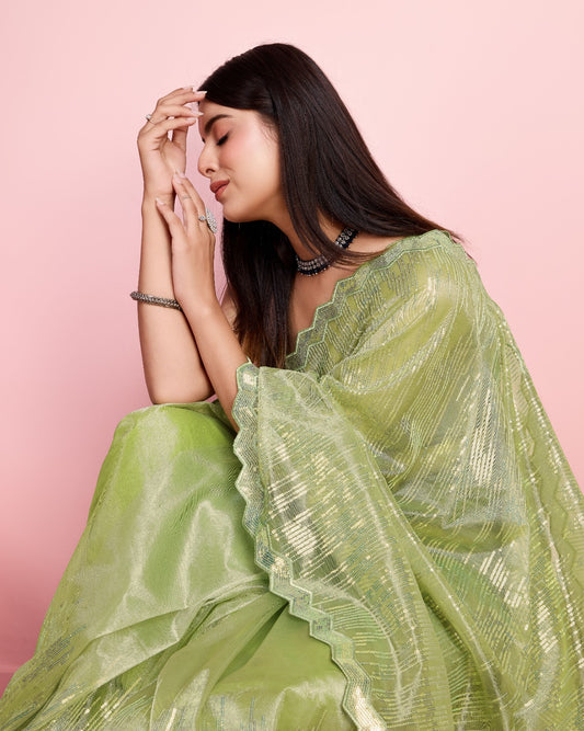 Glorious Pista Color Net Saree With Cut Work Border