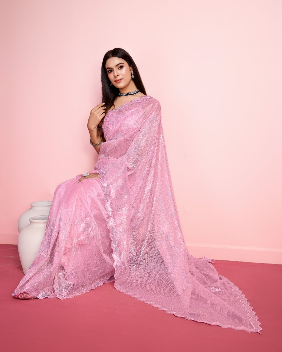 Glorious Light Pink Color Net Saree With Cut Work Border