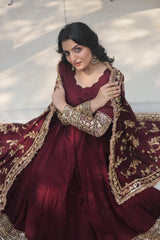 Blissful Vichitra Shimmer Embroidered Work Maroon Color Gown